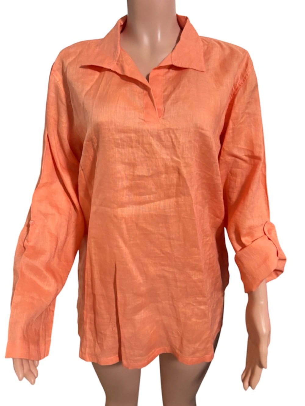 ISLAND IMPORTER Women's Orange Collared V-Neck Blouse 100% linen - Picture 2 of 13